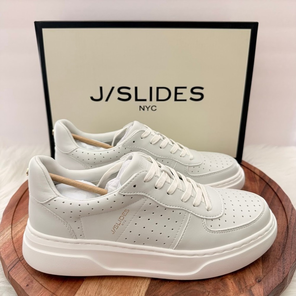 J/Slides NYC‎ Fiona White off Luxe Leather Platform Sneakers Size 8.5 NEW Box